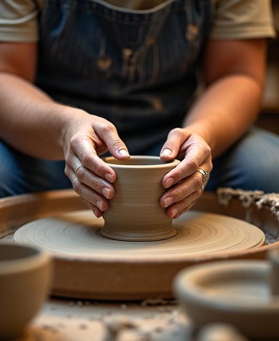 An artisan carefully shaping a ceramic planter on a potter's wheel.