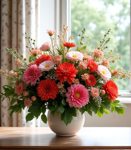 A lush, bespoke floral arrangement with vibrant colours.