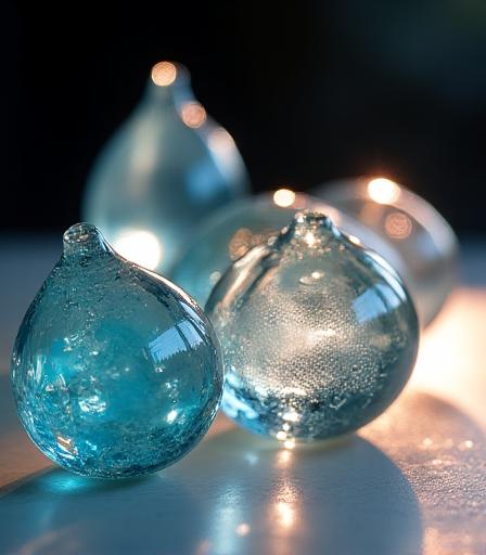 Delicate hand-blown glass decorative items catching the light.