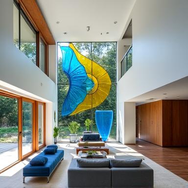 A large, custom hand-blown glass installation in a modern home's living room.