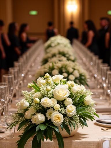 Elegant floral centerpiece at a corporate gala in a grand hall.