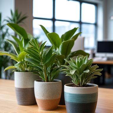 Artisanal ceramic planters brightening up a modern office space.