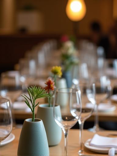 Small ceramic vases with single stems beautifully arranged on restaurant tables.