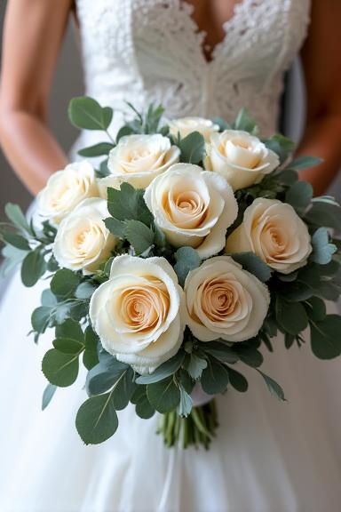 A beautifully crafted bespoke wedding bouquet featuring roses and eucalyptus.