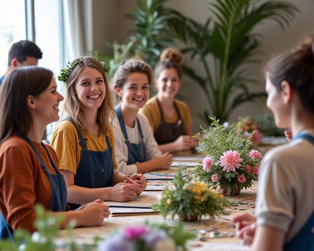 A group of people smiling while participating in a floral design workshop.
